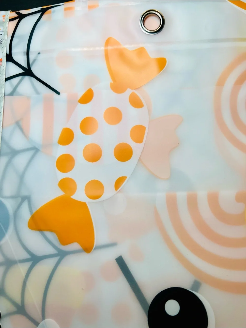 Halloween Peva Shower Curtain Orange Polka Dots Candy Corn Spiderwebs Grommets